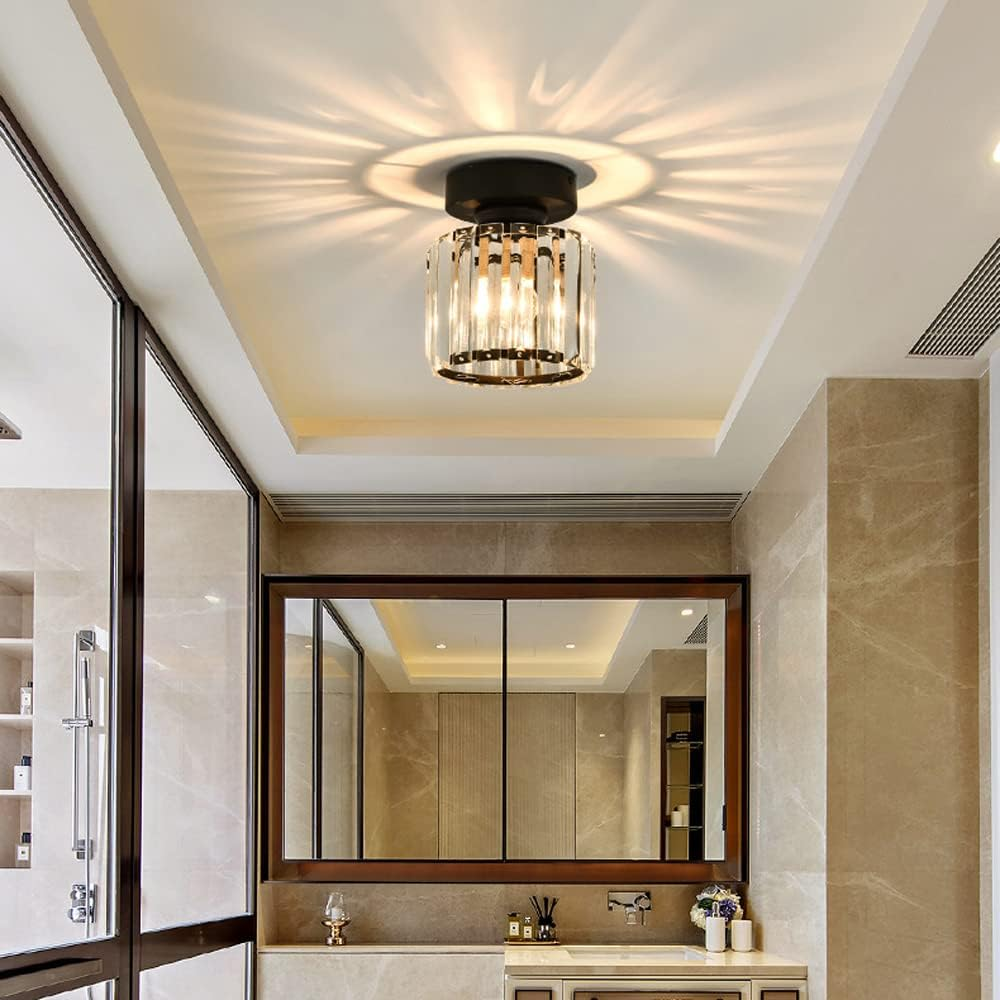 Flush Mount Ceiling Light with Crystal Shade - Black Brass Finish