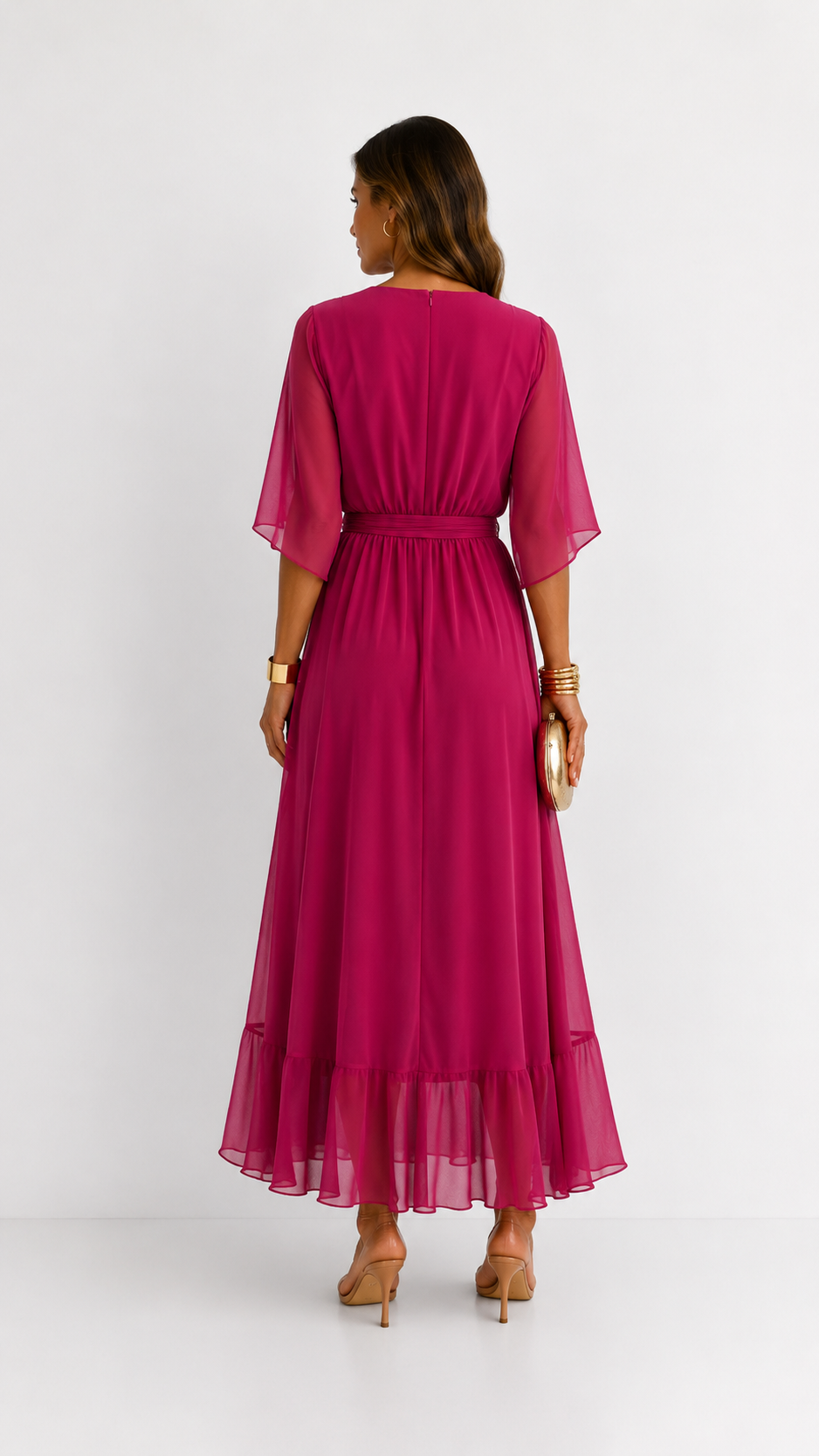 Women's Chiffon Wrap Dress with Flowing Sleeves