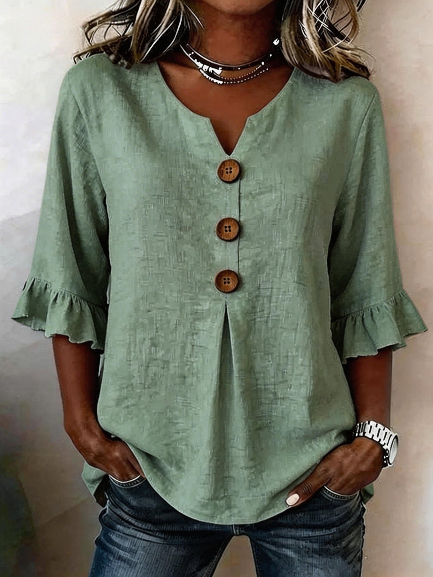 Women's Ruffle Sleeve Blouse with Button-Front Detail