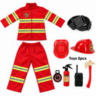 Child wearing red firefighter costume uniform with helmet
