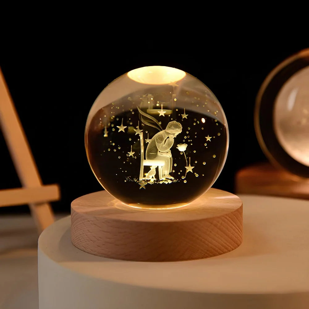 3D Engraved Crystal Ball Night Light - Wooden Base LED Lamp