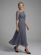 Women's Lace Bodice Midi Dress with Sheer Sleeves
