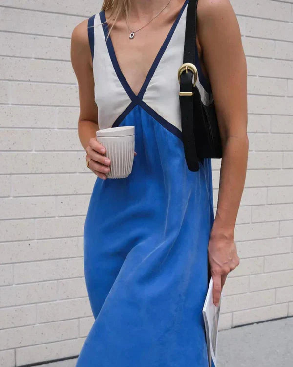 Gaby | Dames maxi-jurk mouwloos met V-hals en satijnlook – luchtige zomerstijl