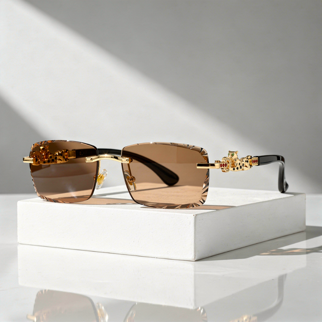 Women's Sunglasses with Rimless Diamond-Cut Lenses and Panther Temple Detail