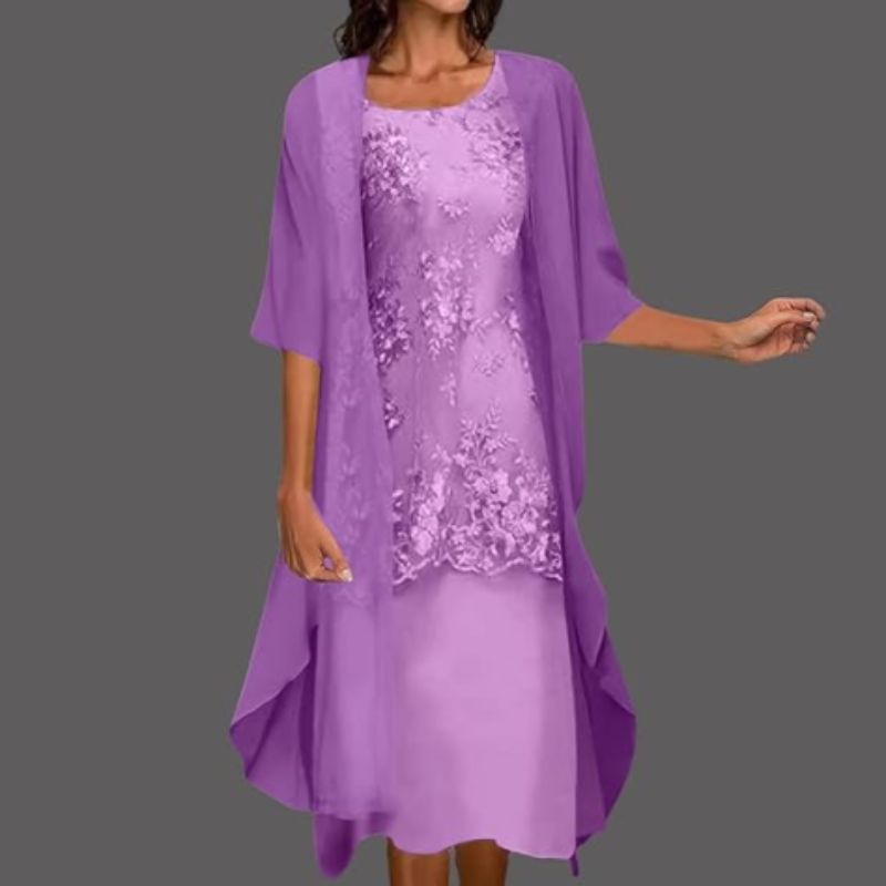 Women's Wedding Guest Lace Midi Dress with Chiffon Cardigan Set