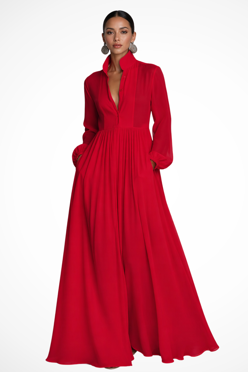 Women's Long Sleeve Button-Front Maxi Dress with Pockets