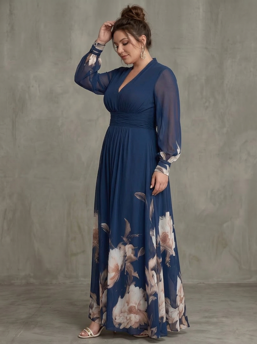 Women's Maxi Dress with Pleated Skirt and Sheer Sleeves