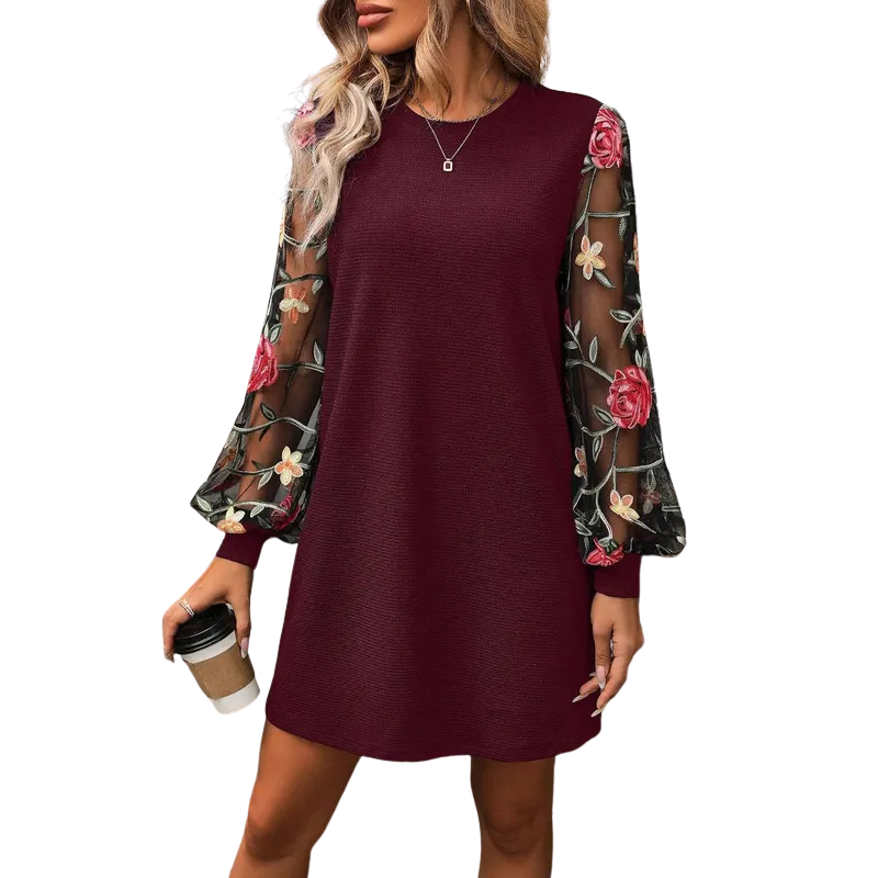 Women's Mini Shift Dress with Sheer Embroidered Balloon Sleeves