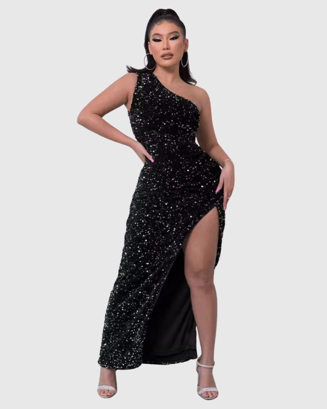 Women's Sequin Evening Dress One-Shoulder Maxi with Thigh Slit