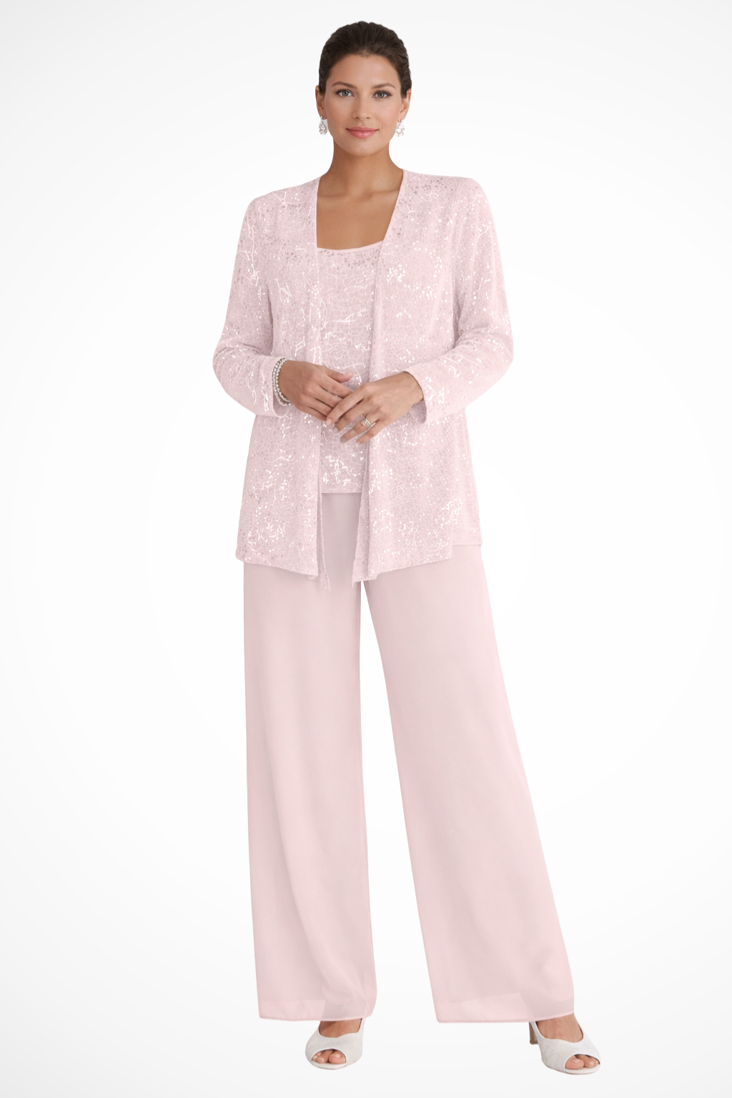 Women's Sequin Lace Three Piece Trouser Suit - Wide Leg Wedding Guest Outfit