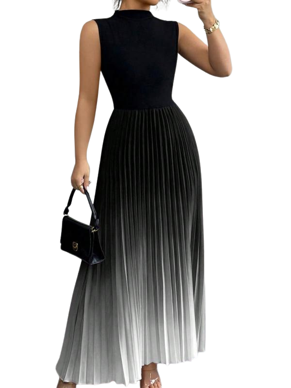 Women's Pleated Maxi Dress with Mock Neck, Sleeveless A-Line