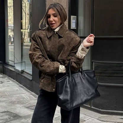 Suede Jacket | Oversized damesjas van suède met vintage look en gestructureerde schouders