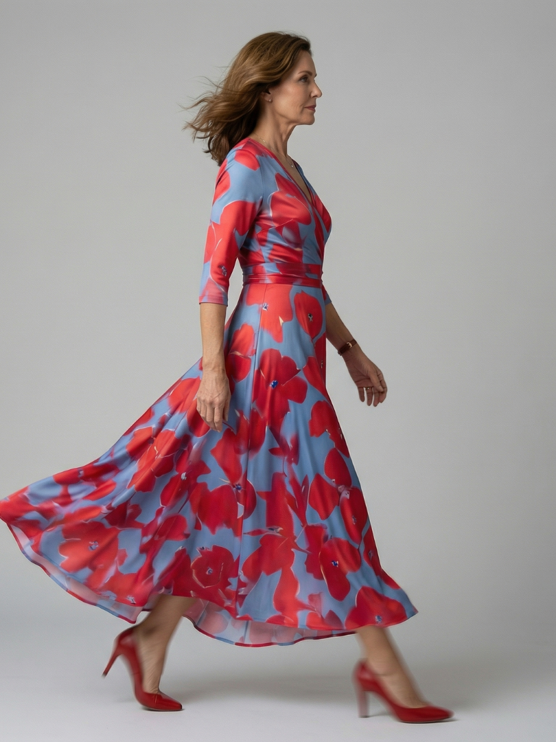 Women's Floral Wrap Midi Dress with Three Quarter Sleeves