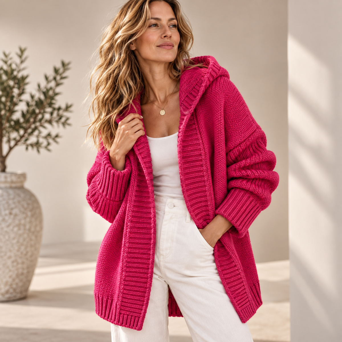 Women's Long Hooded Knit Cardigan with Batwing Sleeves