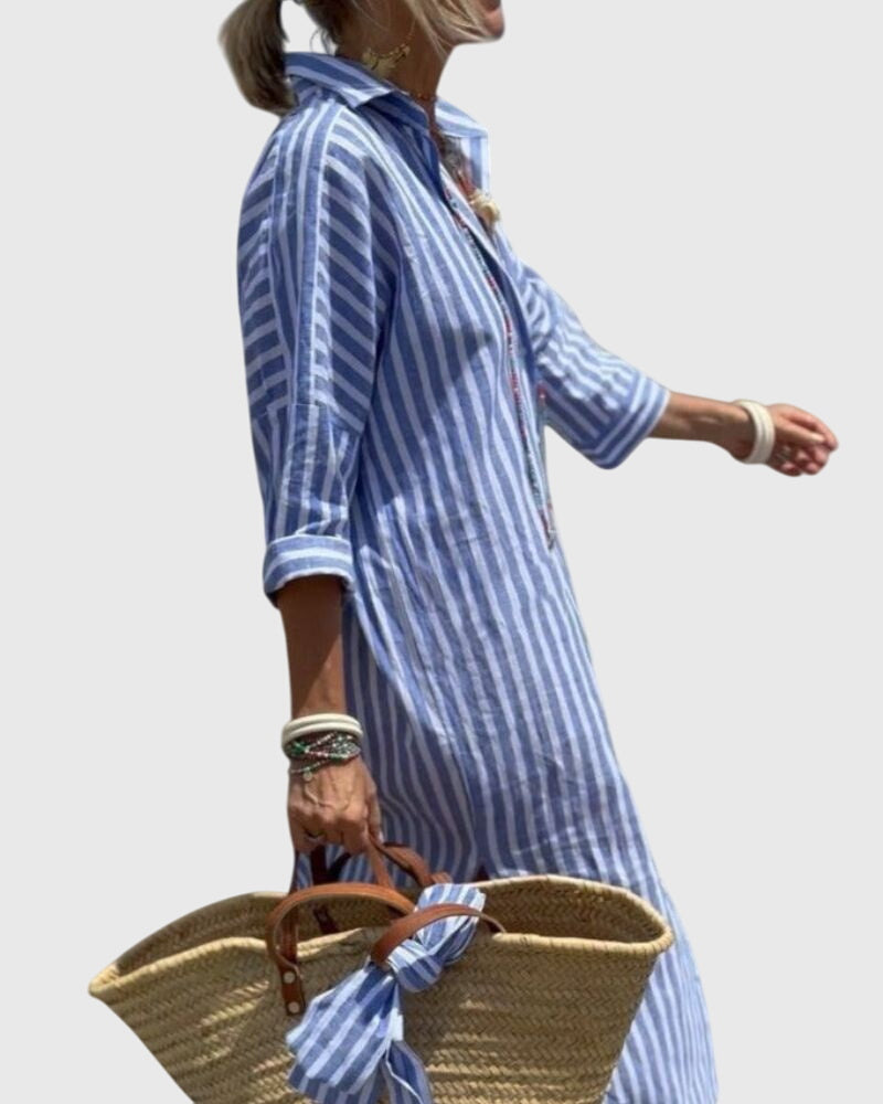 Women's Striped Midi Dress with Side Pocket