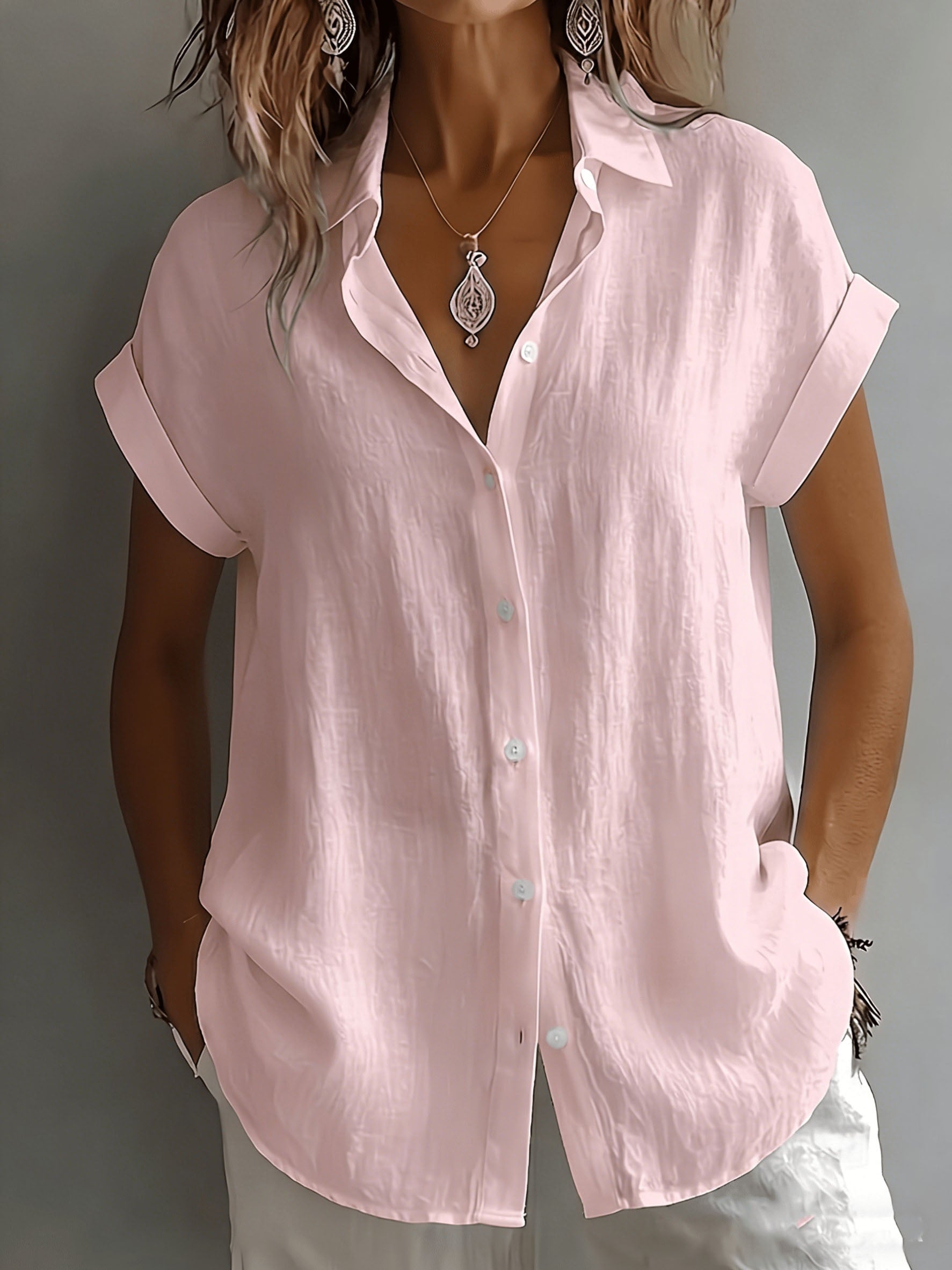 Women's Linen Shirt Short Sleeve Button-Up Collared Top
