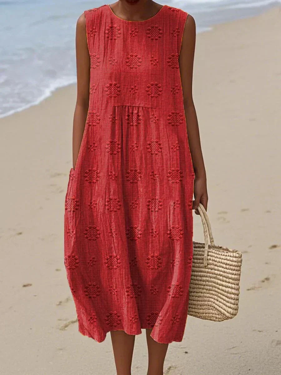 Women's Sleeveless Midi Dress with Printed Pattern