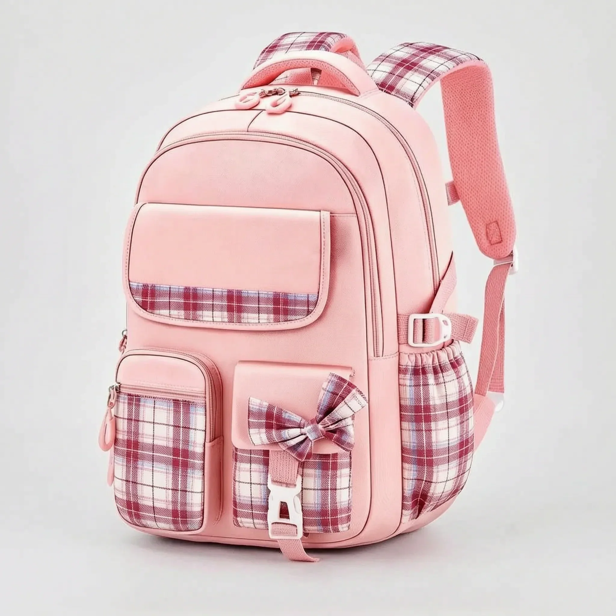 View of a stylish checkered school backpack featuring padded shoulder straps and a spacious compartment