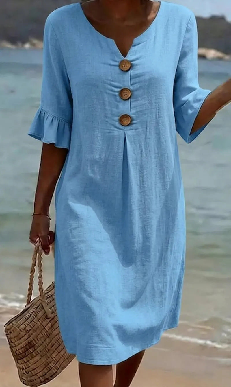 Women's Loose-Fit Button-Front Dress with Flowing Sleeves