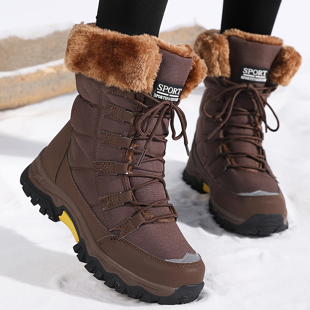 Women's Winter Boots Brown Faux Leather, Warm Lined and Waterproof
