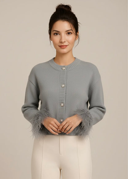 Dames Gebreide Cardigan met Pluimen – Effen, Casual Cardigan