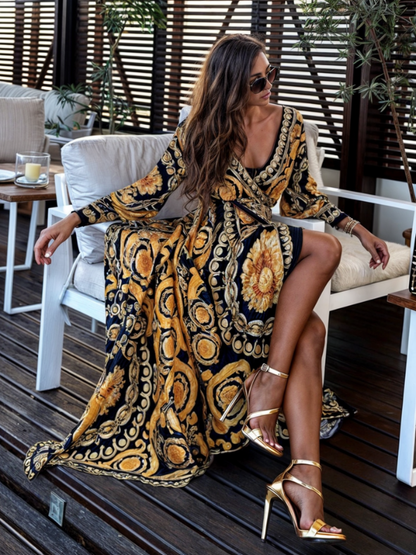 Froukje | Maxi-jurk dames met gouden bloemenprint en bohemian look