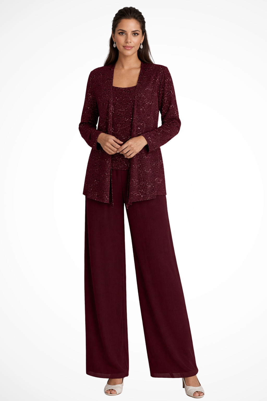 Women's Sequin Lace Three Piece Trouser Suit - Wide Leg Wedding Guest Outfit