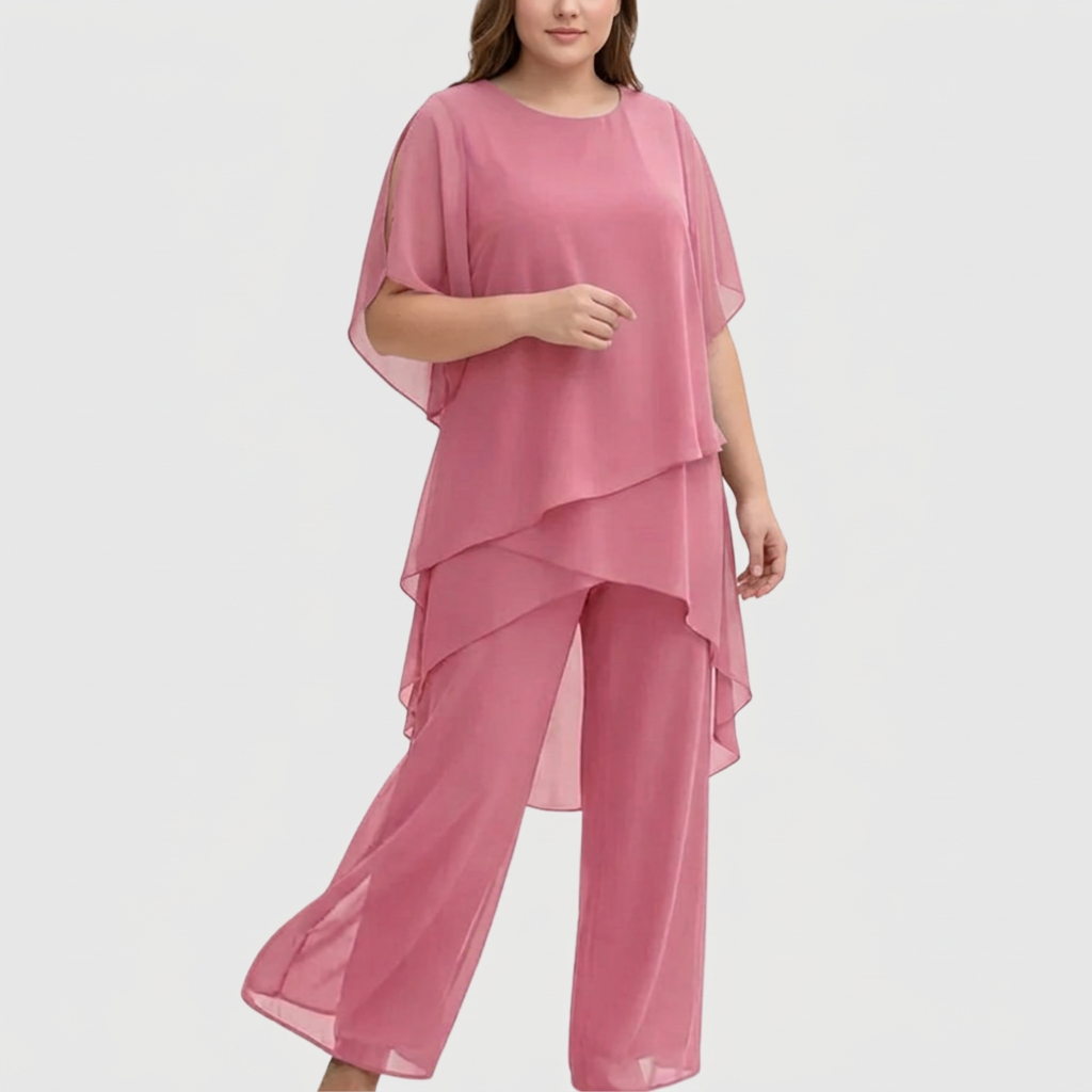 Women's Two-Piece Set with Draped Top and Wide-Leg Palazzo Trousers