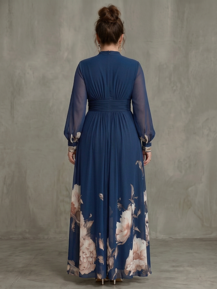 Women's Maxi Dress with Pleated Skirt and Sheer Sleeves