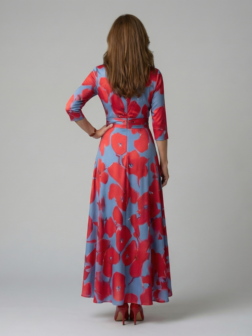 Women's Floral Wrap Midi Dress with Three Quarter Sleeves