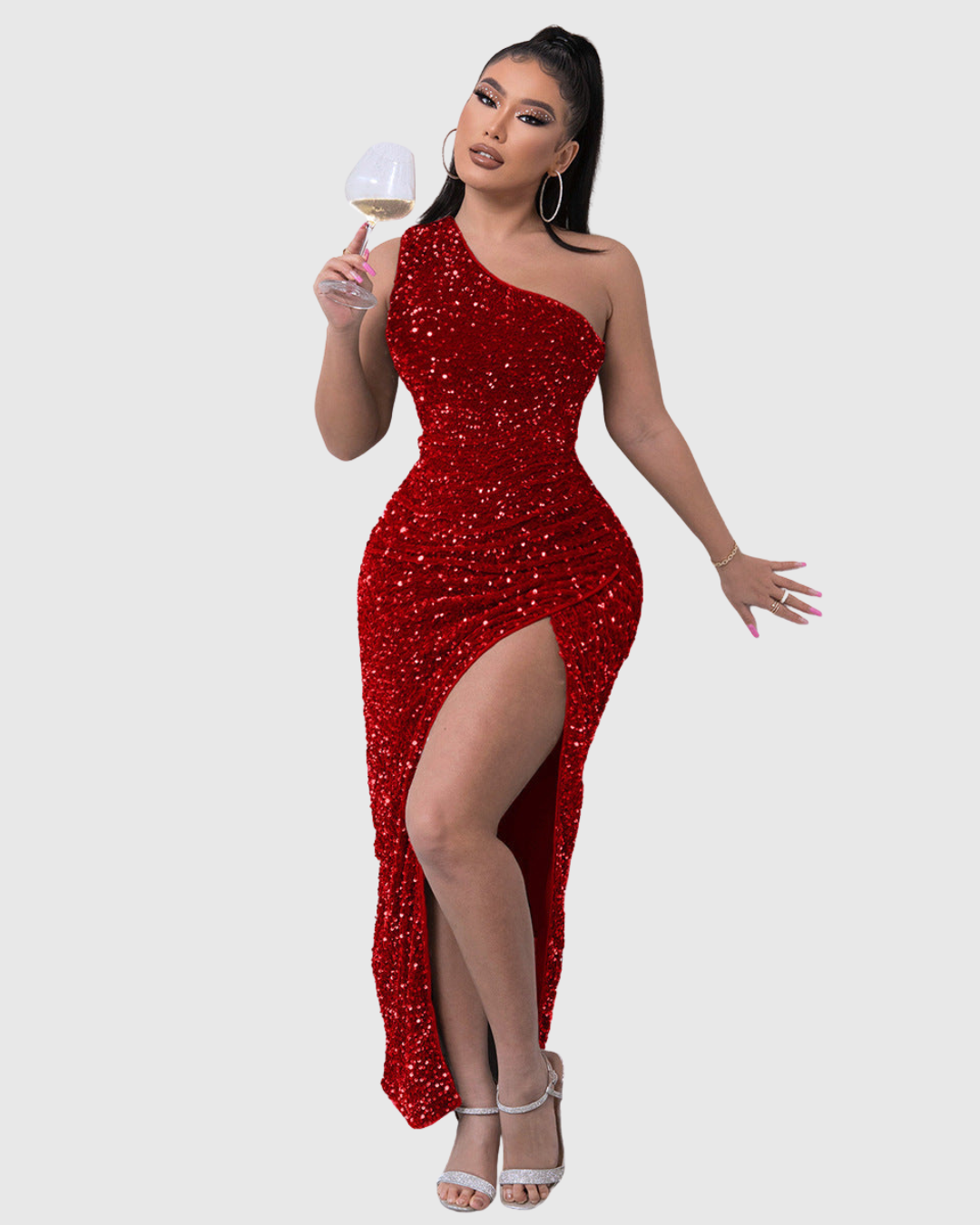 Women's Sequin Evening Dress One-Shoulder Maxi with Thigh Slit