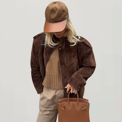 Suede Jacket | Oversized damesjas van suède met vintage look en gestructureerde schouders