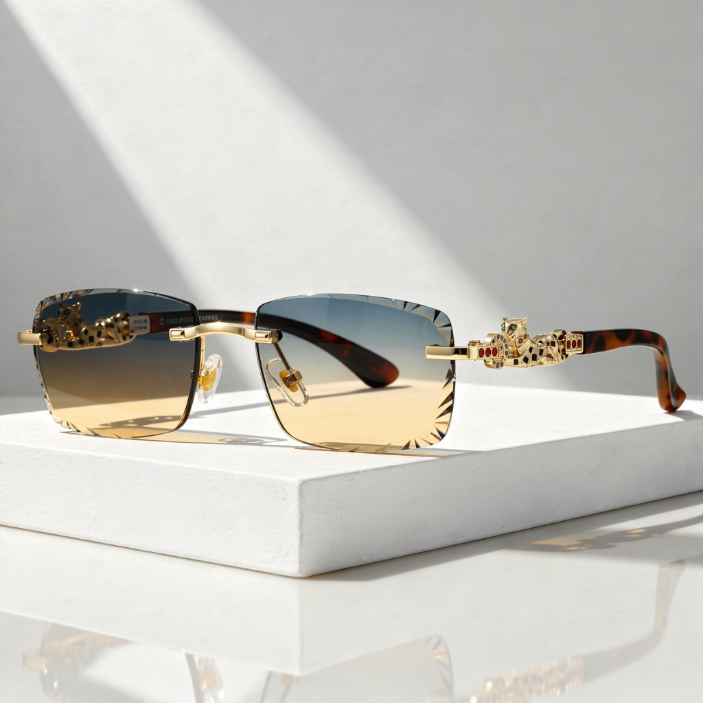 Women's Sunglasses with Rimless Diamond-Cut Lenses and Panther Temple Detail