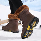 Women's Winter Boots Brown Faux Leather, Warm Lined and Waterproof
