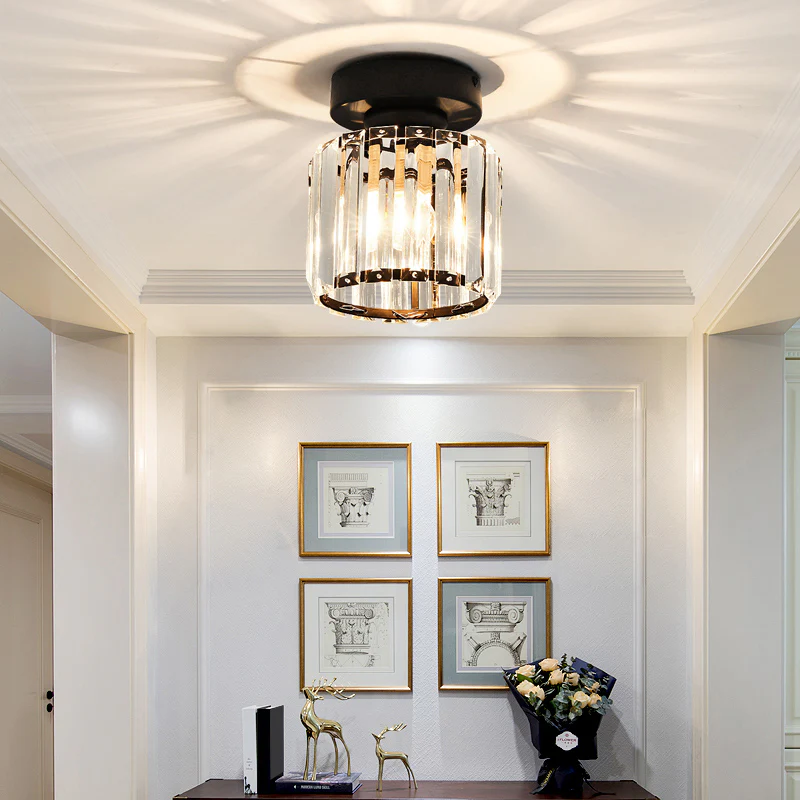 Flush Mount Ceiling Light with Crystal Shade - Black Brass Finish