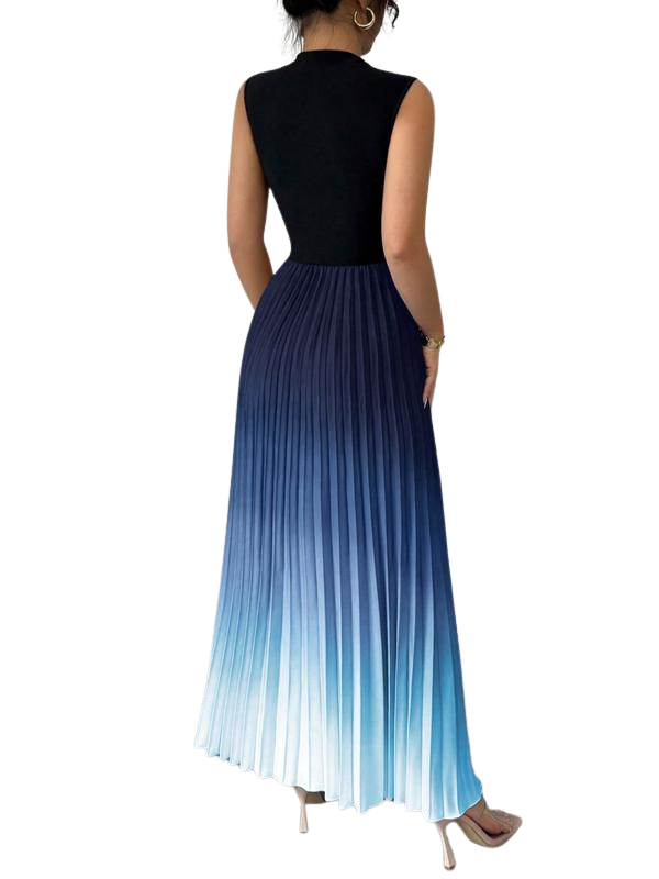 Women's Pleated Maxi Dress with Mock Neck, Sleeveless A-Line