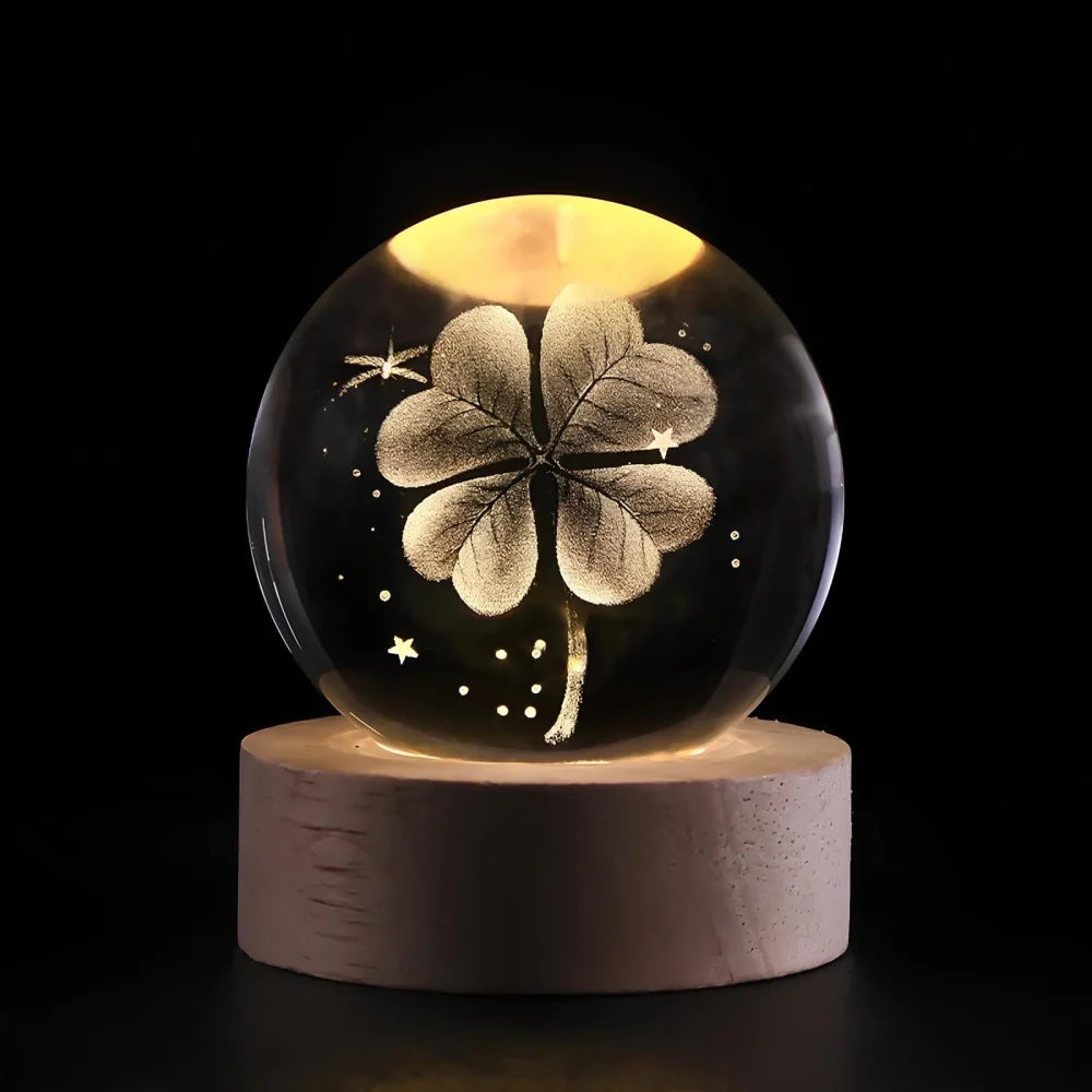 3D Engraved Crystal Ball Night Light - Wooden Base LED Lamp