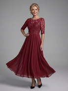 Women's Lace Bodice Midi Dress with Sheer Sleeves