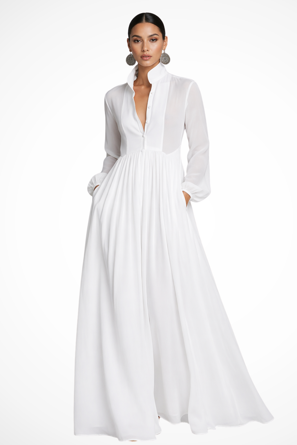 Women's Long Sleeve Button-Front Maxi Dress with Pockets