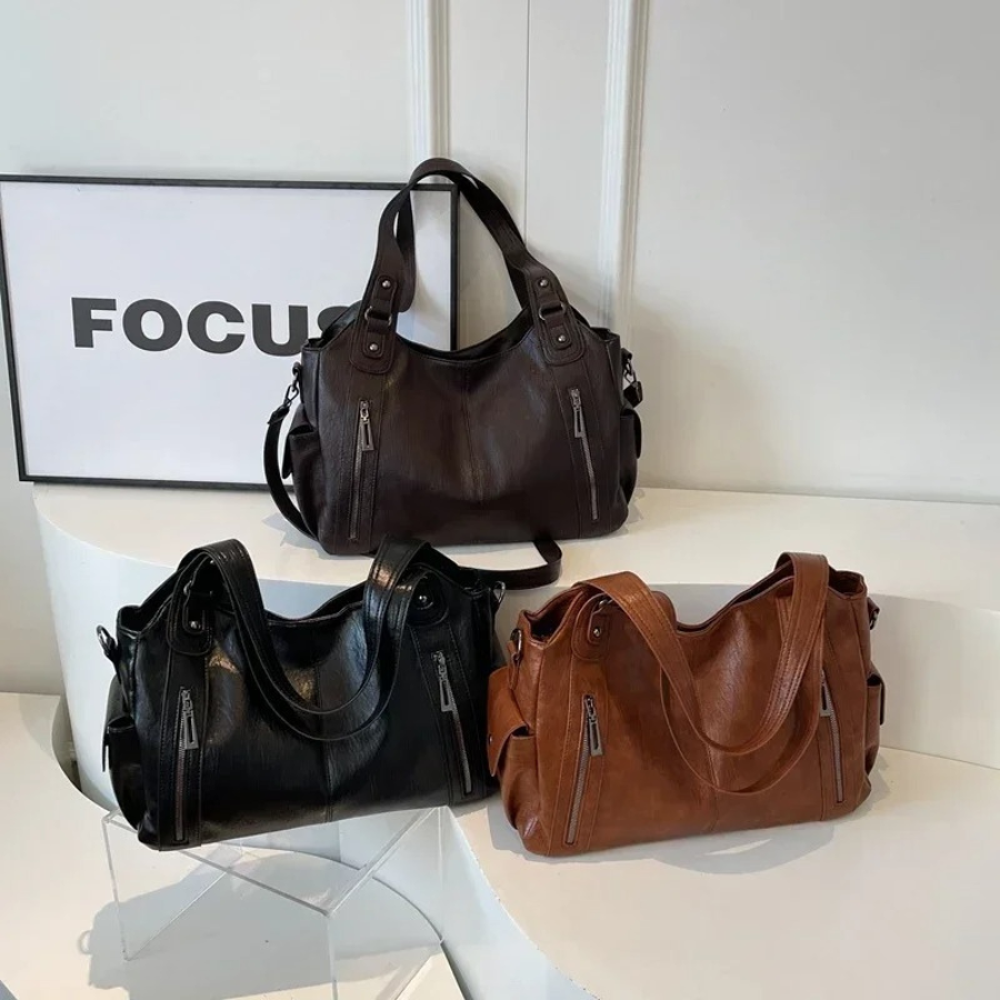 Women's Shoulder Bag in Vegan Leather - Structured Multi-Pocket Design