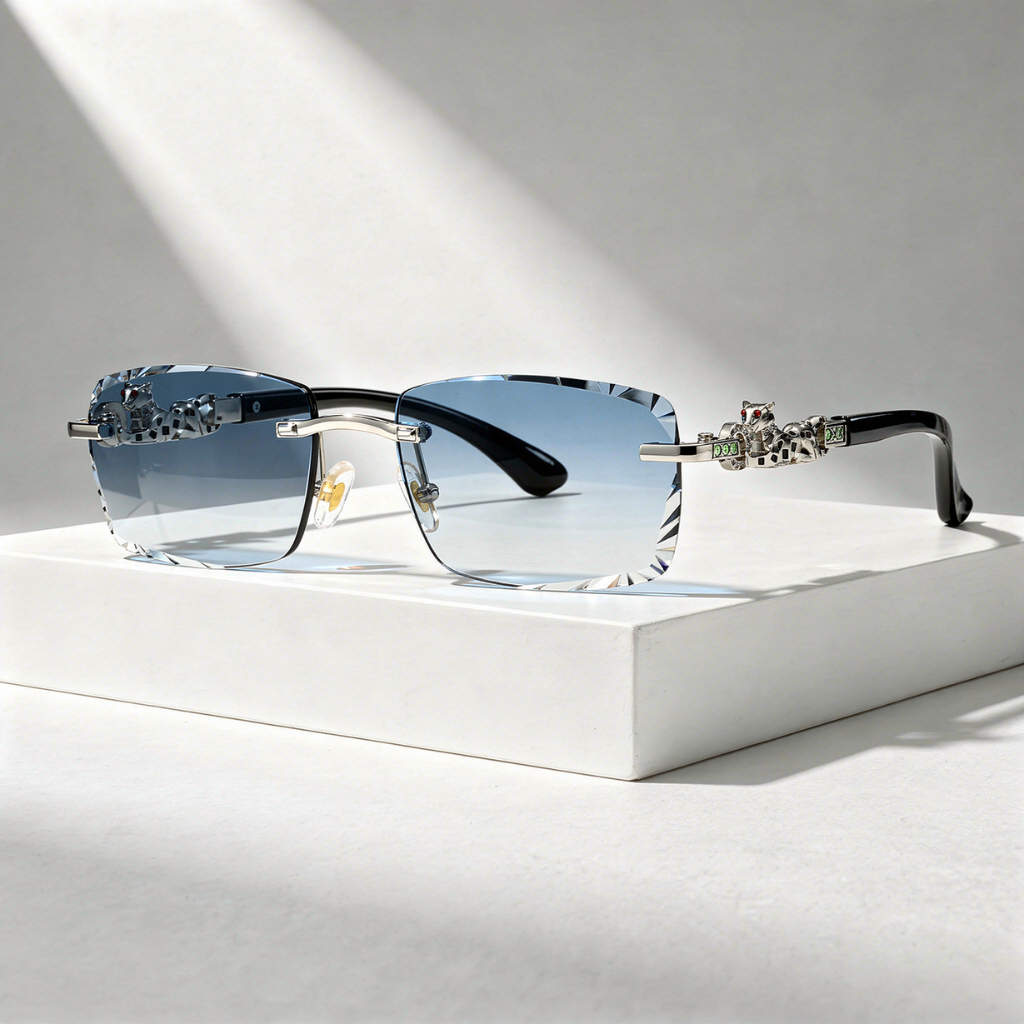 Women's Sunglasses with Rimless Diamond-Cut Lenses and Panther Temple Detail
