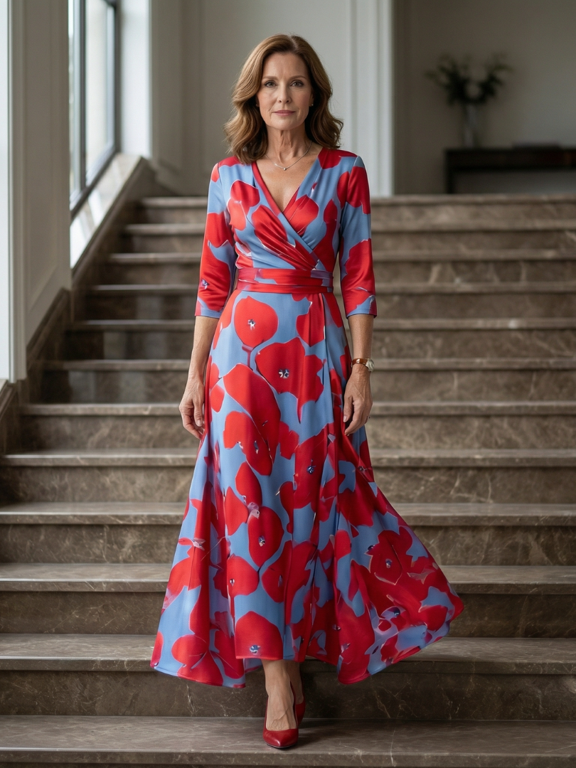 Women's Floral Wrap Midi Dress with Three Quarter Sleeves