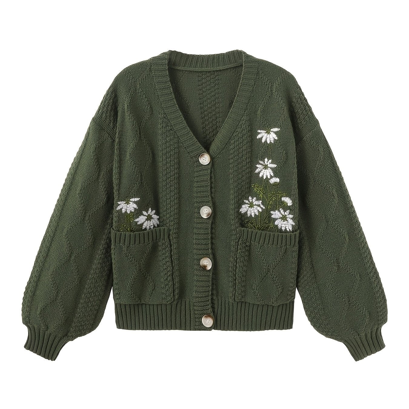 Winsome™ | Women's Floral Embroidered V-Neck Button Cardigan