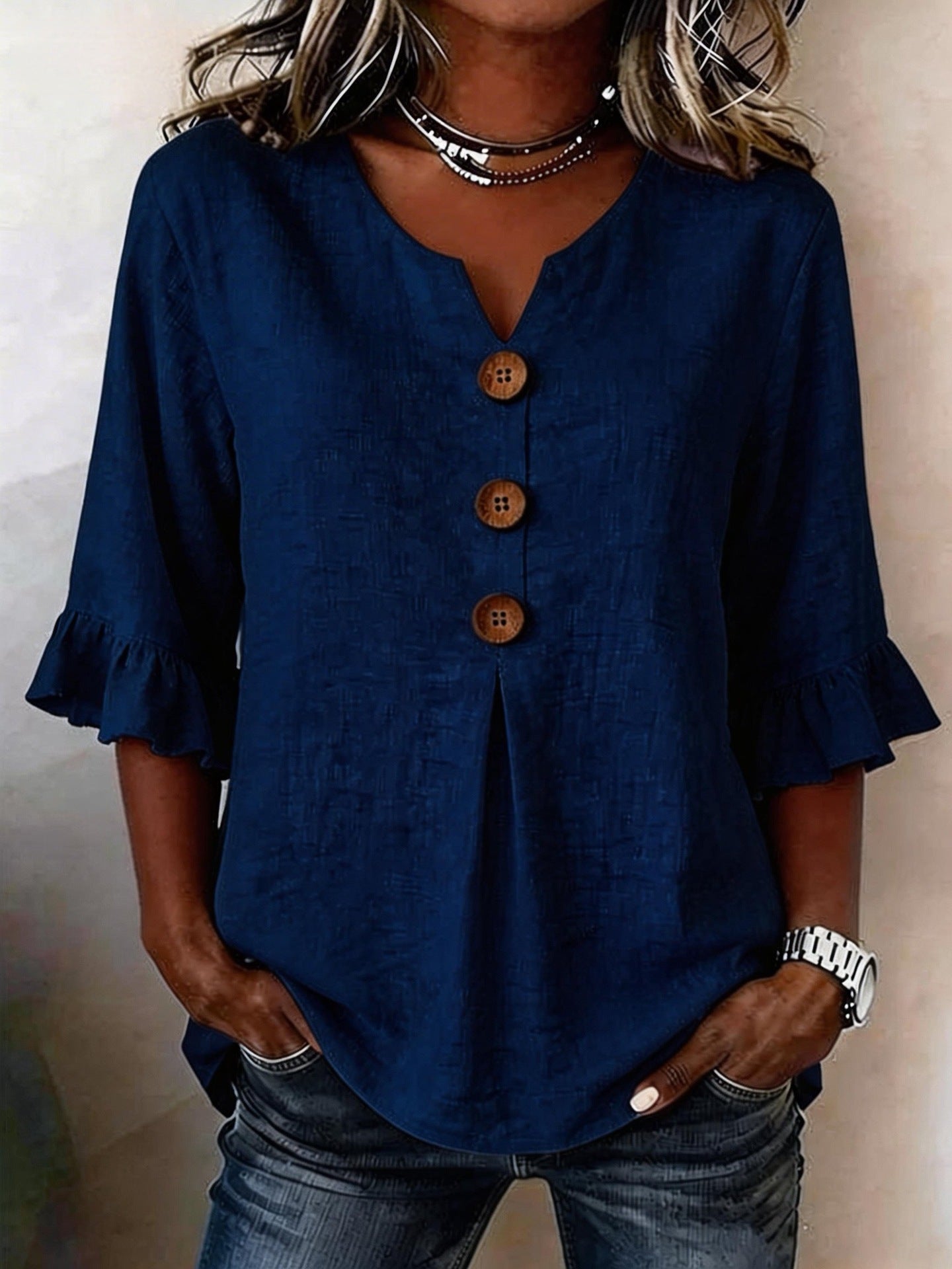 Women's Ruffle Sleeve Blouse with Button-Front Detail