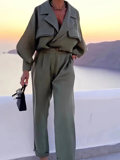 Nadya | Dames Jumpsuit – Elegante Pasvorm, Oversized Top en Wijde Pijpen met Lapel Kraag