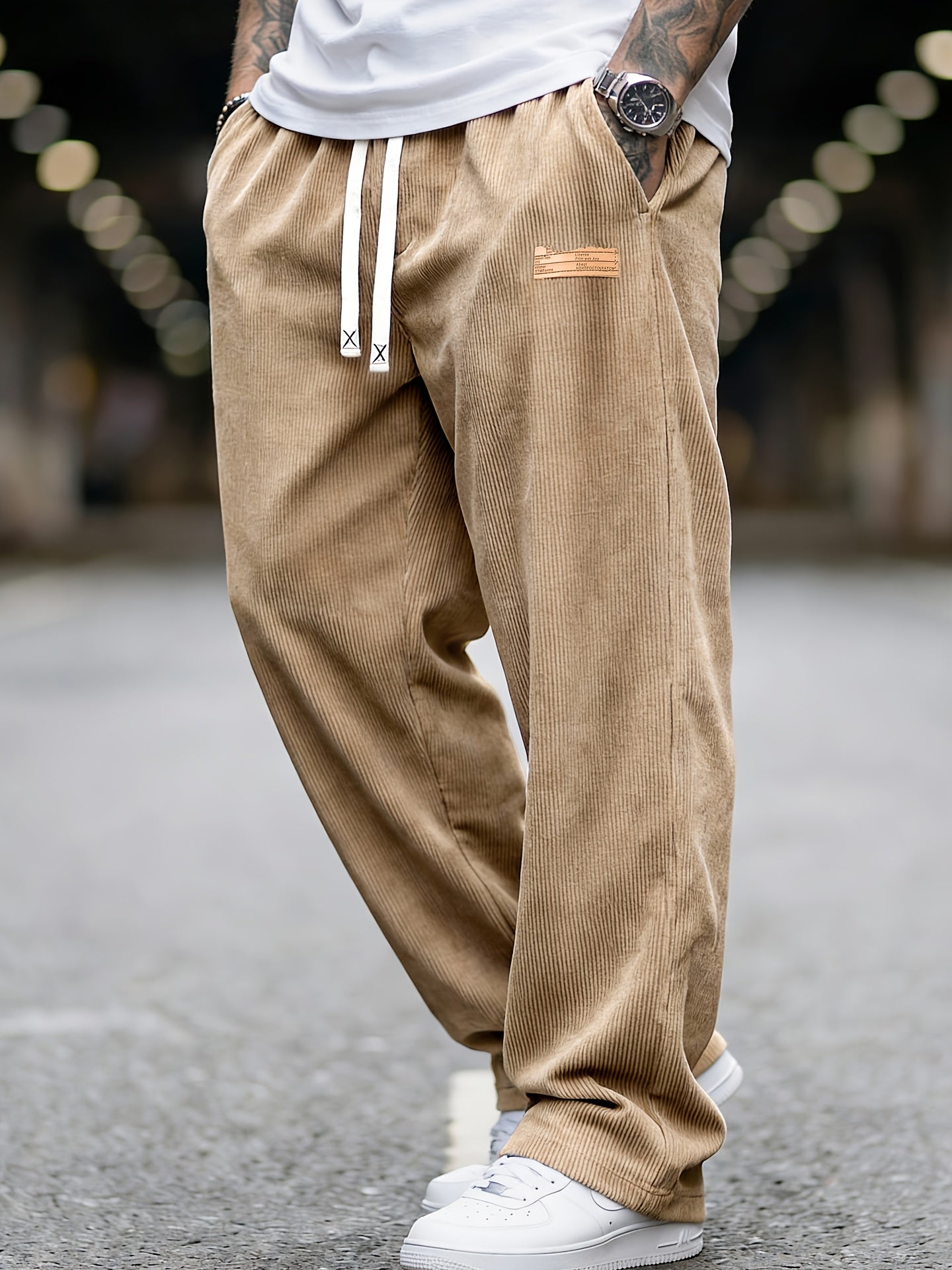 Men's Loose Corduroy Pants with Elastic Waist and Pockets