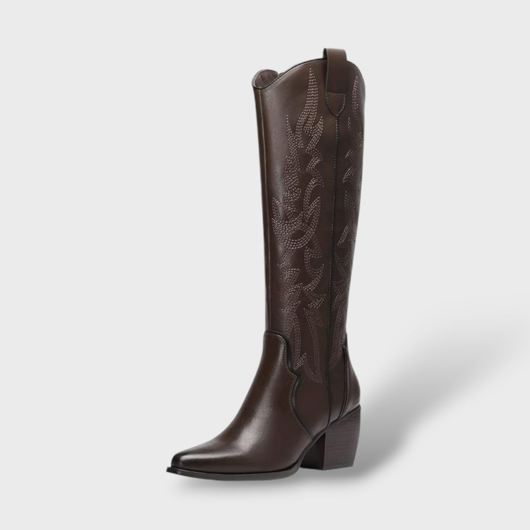 Women's Knee High Boots Western Style with Embroidered Detail