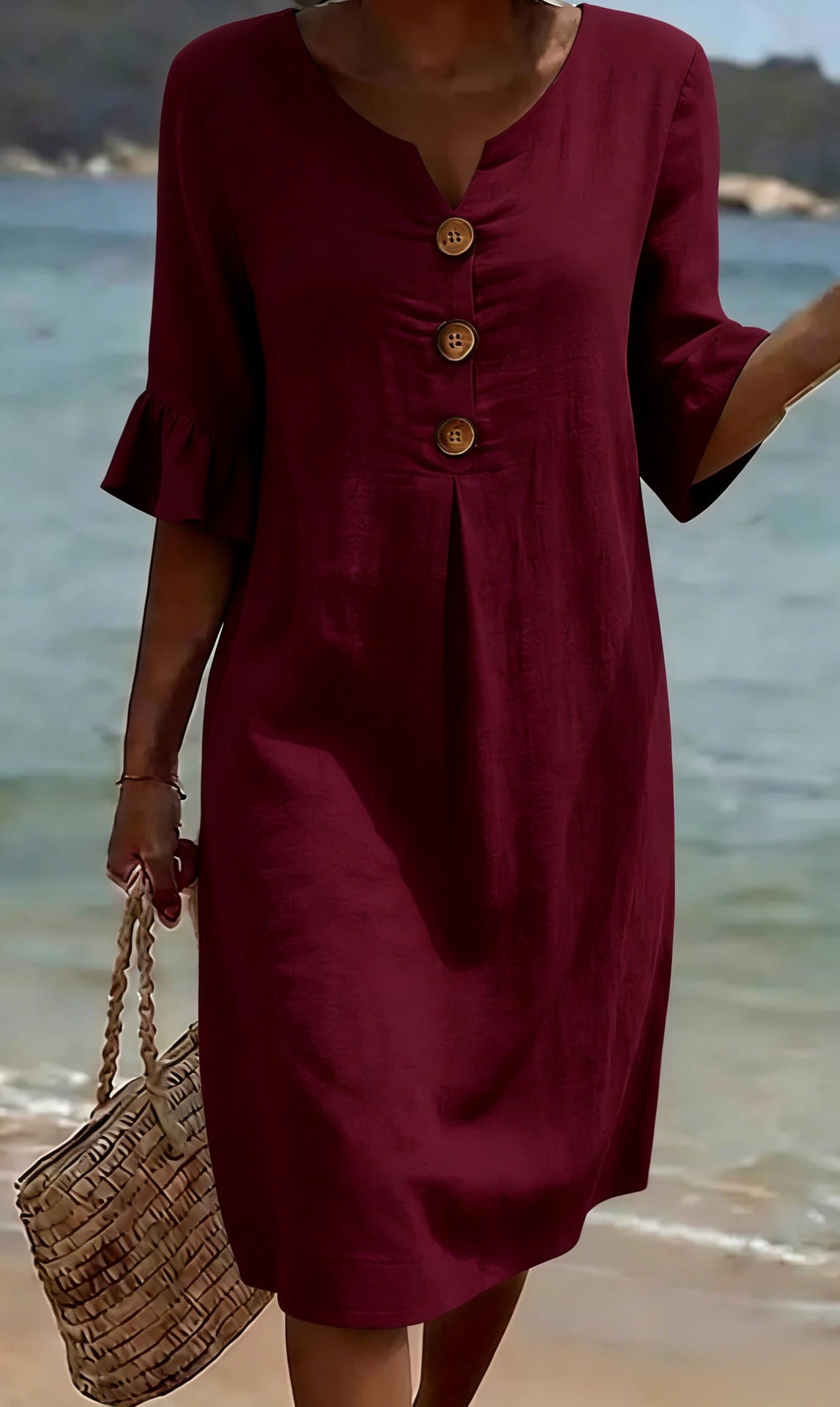 Women's Loose-Fit Button-Front Dress with Flowing Sleeves