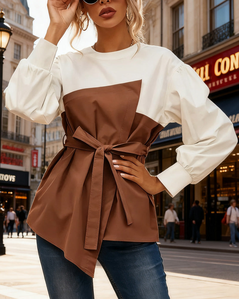 Chique Blouse | Damesblouse met Lantaarnmouwen en Ronde Hals