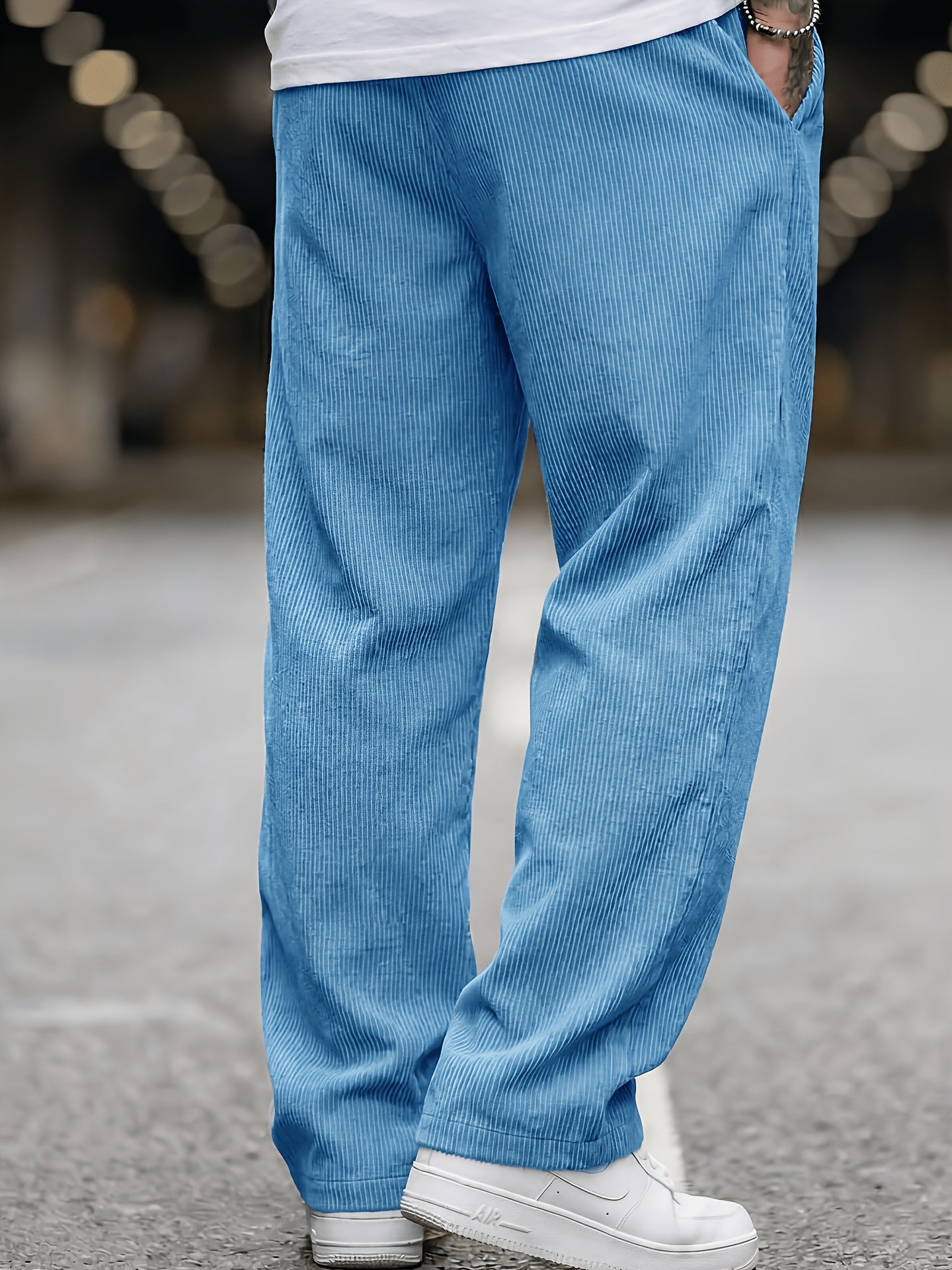 Men's Loose Corduroy Pants with Elastic Waist and Pockets